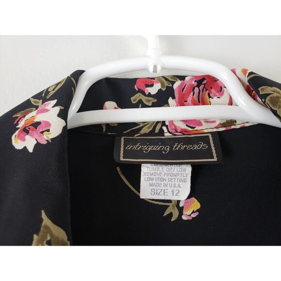 (F5) Vintage INTRIGUING THREADS Womens Blouse Size 12 Floral Long Sleeve Black - Picture 4 of 7